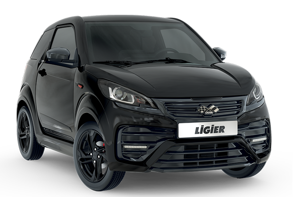 Voiture sans permis Ligier noire, vue de trois quarts avant